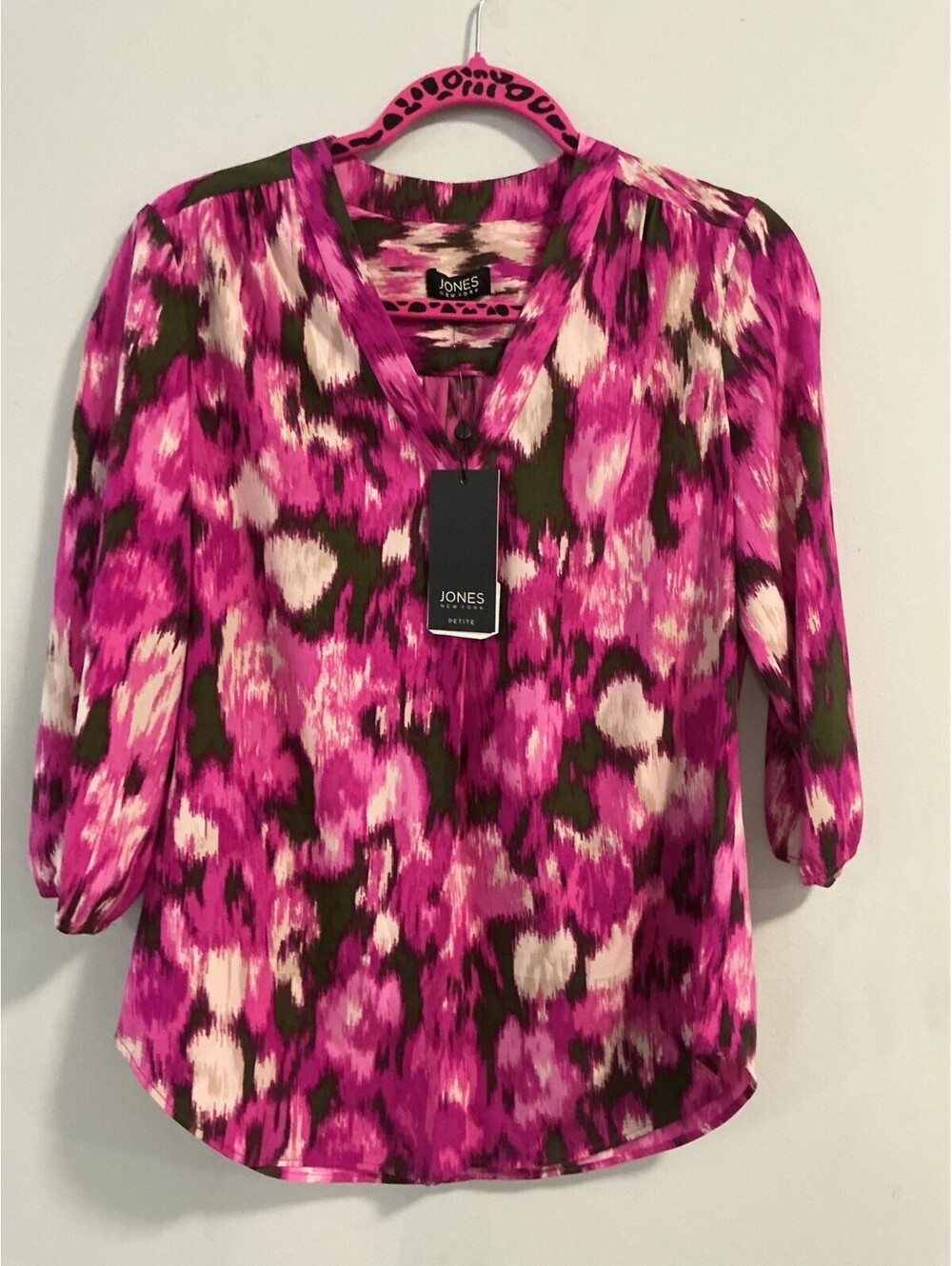 Jones New York Womans Petite Multicolor Pink Print Button Up Blouse PXS #275